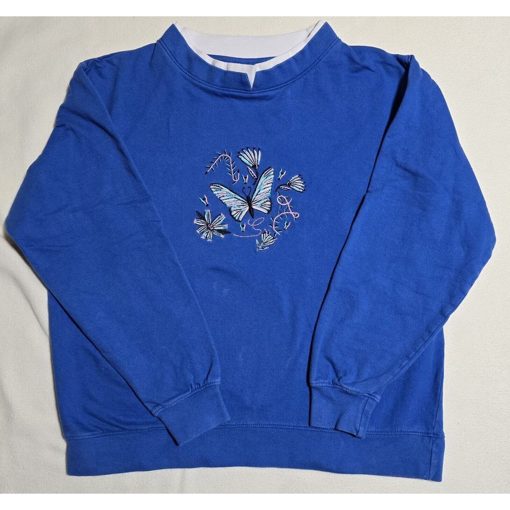 Vtg Blue Embroidered Butterfly Womens M Sweatshirt Grannycore Grandma Gold Coast